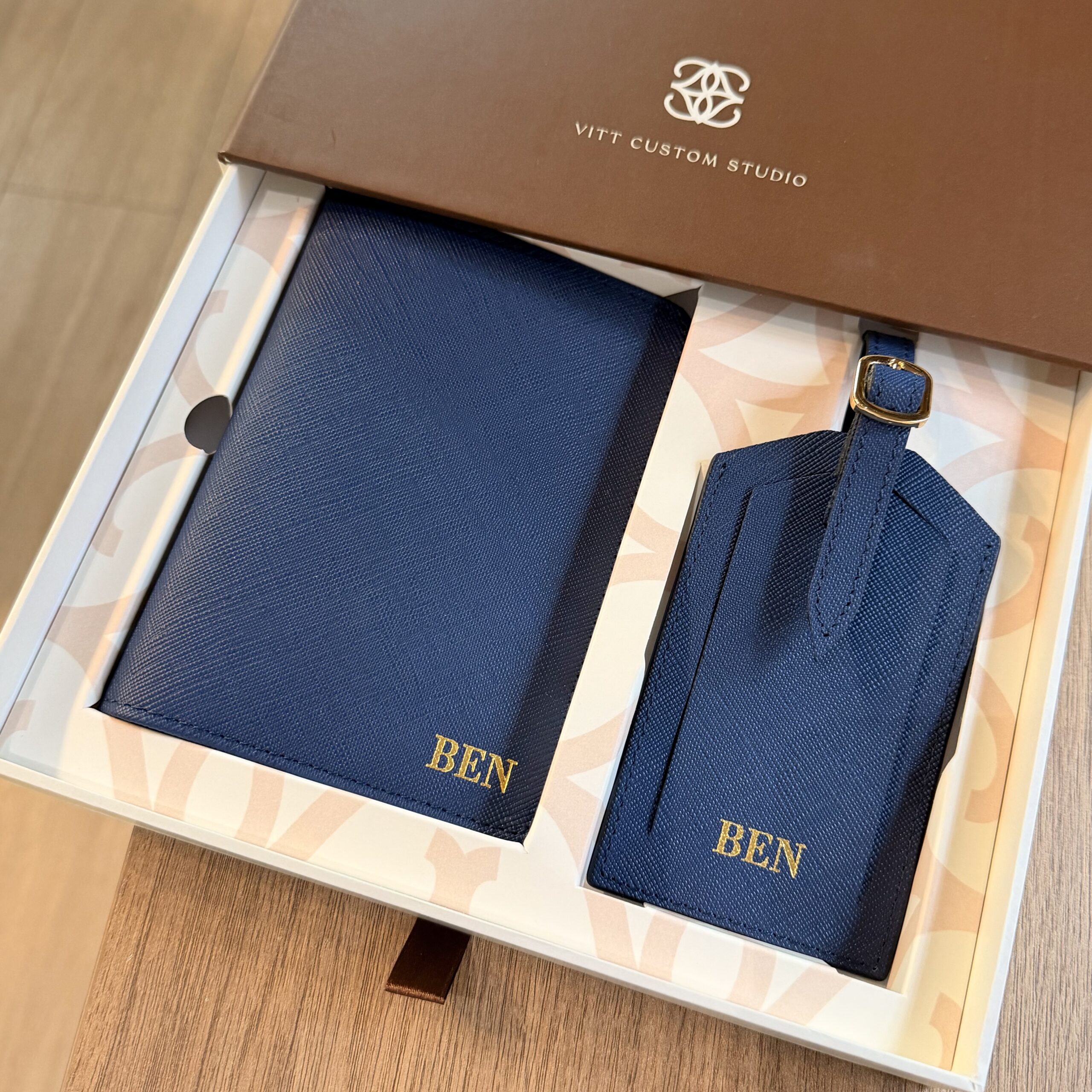 Personalized Leather Travel Set in Navy including passport holder and luggage tag in saffiano leather
